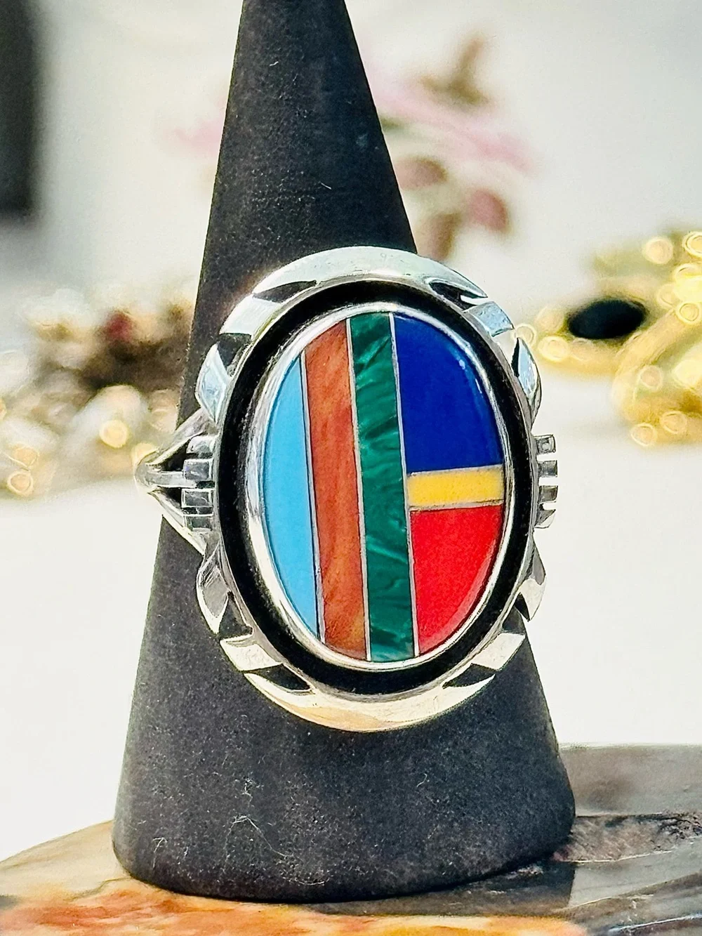 Vtg Navajo Sterling Multi Stone Inlay Ring (7)